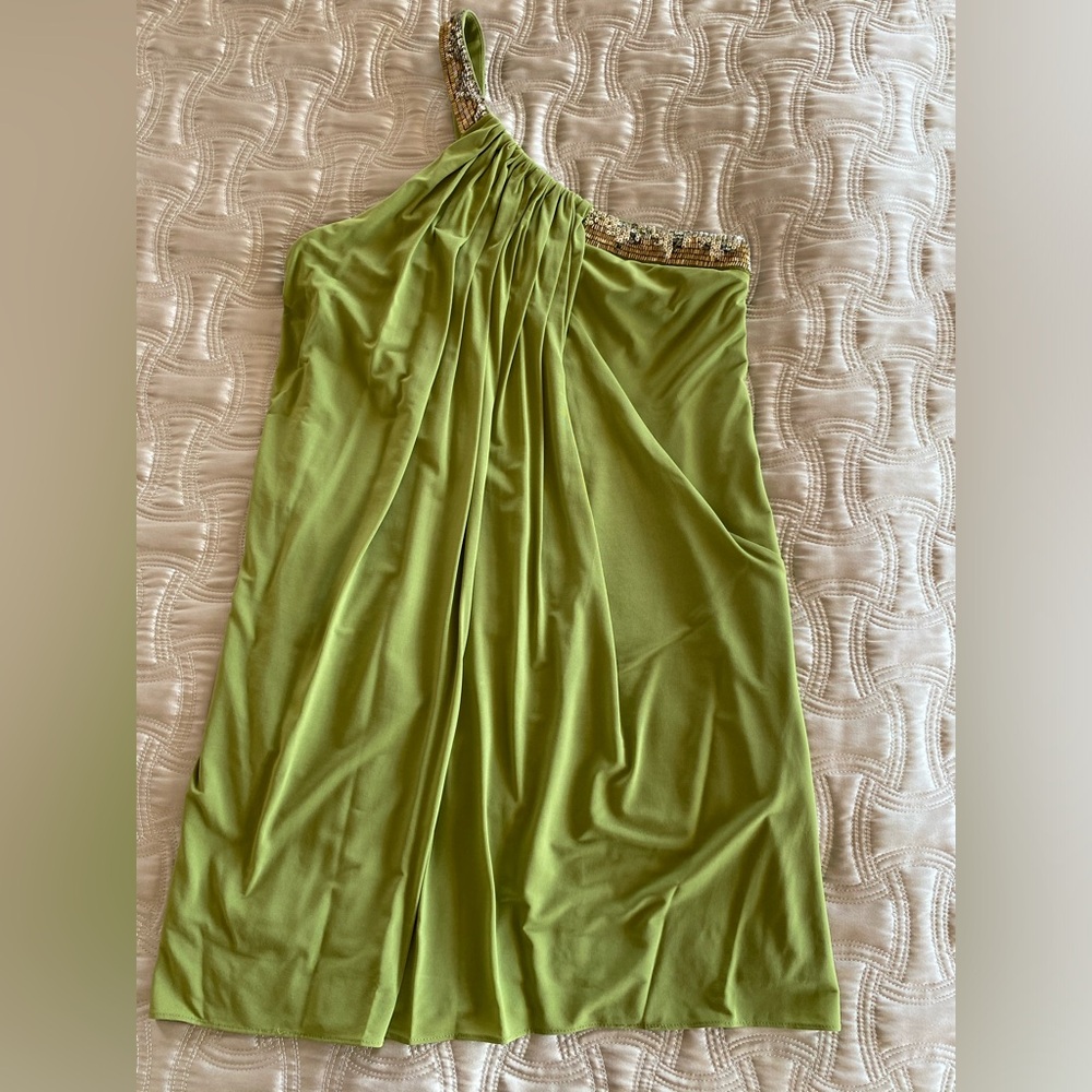BCBG MaxAzria mini dress one shoulder, olive sz4 gold/silver embellishedLike new